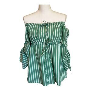 Tanya Taylor Green White Striped Off The Shoulder Top Size 2
